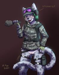 camo camo_clothing camo_print clothing ela_(rainbow_six) felid female furrification furry genitals hi_res looking_at_viewer mammal mr._albafox open_mouth pantherine pattern_clothing pussy rainbow_six rainbow_six_siege smug snow_leopard solo ubisoft video_games