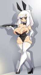 alternate_version_available areola ass background black_eyes blush bunny_ears bunny_girl bunnysuit byternomar clothes clothing embarrassed fat_ass geo_(gwain_saga) gwain_saga heat heated horny hourglass_figure large_breasts looking_away looking_down nipple_slip nipples original playboy_bunny rule_63 smile solo solo_female solo_focus stockings sweat sweating thick_thighs thighhighs tray white_hair white_stockings wide_hips