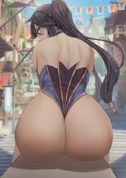 1girls 2022 artist_signature ass ass_focus ass_shot back back_view bare_ass bare_back bare_legs bare_shoulders black_choker black_hair black_ribbon blue_eyes blue_leotard blush bubble_butt choker cityscape dat_ass day earrings female female_only genshin_impact hair_ornament hair_ribbon half-closed_eyes head_down hi_res highleg_leotard huge_ass jewelry legs leotard long_hair looking_at_viewer looking_back looking_back_at_viewer mona_(genshin_impact) outdoors outside pussy ribbon serious shadow shexyo sitting solo solo_female strapless strapless_leotard thong thong_leotard tied_hair twintails uncensored very_long_hair