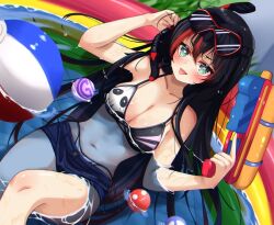 1girls beach_ball bikini bikini_bottom bikini_top black_bikini black_hair blush breasts bunkinspice busty c_turtle cleavage denim_shorts female female_only goggles goggles_on_head heart-shaped_pupils light-skinned_female light_skin mika_melatika nijisanji nijisanji_indonesia short_shorts shorts smile snorkel solo streaked_hair swimsuit tongue tongue_out virtual_youtuber wading_pool water_gun wet