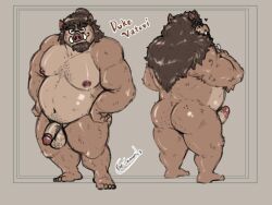 2022 anthro ass balls brown_body flaccid genitals hi_res humanoid_genitalia humanoid_hands humanoid_penis male male_only mammal model_sheet overweight overweight_male penis pure_command solo suid suina sus_(pig) text wild_boar