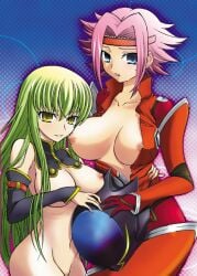 2girls blue_eyes c.c. code_geass detached_sleeves female female_only fujimaru_arikui green_hair helmet kallen_stadtfeld large_breasts long_hair multiple_girls no_bra pink_hair short_hair sweat unzipped_bodysuit