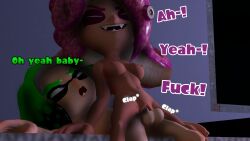 1boy 1girls 3d balls bedroom blue_eyes breasts closed_eyes desti_(smg4) dialogue eyes_rolling_back femdom green_hair hand_on_bed inkling inkling_boy looking_pleasured looking_up nipples octoling octoling_girl original_character penis pink_hair profanity reverse_cowgirl_position sfm smg4 source_filmmaker splatoon splatoon_2 text vagina vaginal_penetration