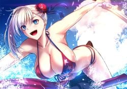 akeyama_kitsune american_flag_bikini bangs bikini blue_eyes blue_sky blush breasts bun_cover cleavage collarbone fate/grand_order fate_(series) female flag_print gunblade hair_bun hair_ribbon jet_ski large_breasts leaning_forward long_hair miyamoto_musashi_(fate) miyamoto_musashi_(swimsuit_berserker) miyamoto_musashi_(swimsuit_berserker)_(fate) pink_hair ribbon side_bun sky smile solo swept_bangs swimsuit thighs water weapon