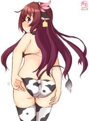 adjusting_clothes adjusting_swimsuit alternate_costume animal_ears animal_print artist_logo bikini brown_eyes brown_hair commentary_request cow_ears cow_horns cow_print cow_tail cowboy_shot dated fake_animal_ears fake_horns female female_only from_behind gradient_hair hair_ornament highres horns kanon_(kurogane_knights) kantai_collection kisaragi_(kantai_collection) long_hair looking_at_viewer multicolored_hair purple_hair side-tie_bikini simple_background smile solo solo_female split_mouth swimsuit tail thighhighs white_background white_bikini white_legwear