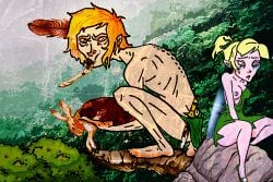 anorexia blonde_hair cannibal-col corpse crouching crying dagger disney eating feather_in_hair feathers gore one_breast_out orange_hair peter_pan_(character) peter_pan_(disney) pointy_ears ponytail rabbit short_hair spine tinker_bell what