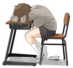 1girls brown_hair geee529 resting_head school_uniform sitting_at_desk solo_female solo_focus tired white_socks