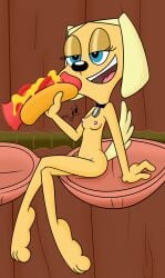 anthro blue_eyes brandy_&_mr_whiskers brandy_harrington breasts canid canine canis collar digital_media_(artwork) disembodied_penis disney disney_channel domestic_dog erection female food food_penetration fur furniture genitals hair hi_res hot_dog inside male mammal narrowed_eyes nipples nude open_mouth penis penis_hot_dog sitting smile solo straight takeshi1000 tongue toon_disney yellow_body yellow_fur