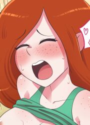 blush close-up closed_eyes cubedcoconut freckles freckles_on_breasts freckles_on_chest gravity_falls o_face open_mouth red_hair smooth_skin sweat tank_top tank_top_lift wendy_corduroy