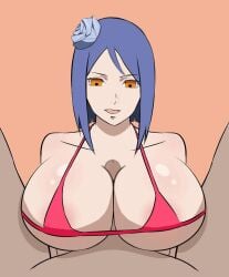 1boy 1boy1girl 1girls 2d akatsuki_(naruto) animated between_legs big_breasts bikini bikini_top blue_hair breasts breasts_bigger_than_head brown_skin chin_piercing duo female female_focus flower flower_in_hair hair_ornament head_out_of_frame huge_breasts interracial konan light-skinned_female light_skin male male/female male_pov male_with_female naruto naruto_(series) naruto_shippuden open_mouth orange_eyes out_of_frame paizuri_lead_by_female paizuri_under_clothes parted_bangs piercing pov skimpy skimpy_bikini small_bikini smile soyrice third-party_edit white_hair