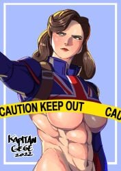 2022 abs artist_name artist_signature blush brown_hair captain_carter censor_bar censored feet_out_of_frame female kapitan_gege large_breasts lips long_hair marvel muscular muscular_female peggy_carter red_lipstick solo standing underboob