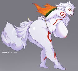 amaterasu anthro ass big_breasts big_butt breasts canid canine capcom clothed clothing deity female fur grey_background harnny mammal nipples okami simple_background solo thong topless underwear video_games white_body white_fur