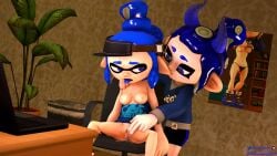 3d after_vaginal blue_eyes blue_hair breasts chair clothing convex_(freezerburn) dev_(freezerburn) ears_down fingering_partner fingering_pussy freezerburnsfm hand_on_shoulder headgear inkling inkling_girl laptop looking_at_another nipples octoling octoling_girl plant poster pussy_juice sfm source_filmmaker splatoon splatoon_2 spread_legs tongue_out trash_can yuri