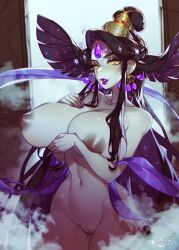 1girls black_hair completely_nude dress elufae female goddess greek_mythology hades_(game) huge_breasts jewelry lipstick milf nude nyx_(hades) pale_skin purple_lipstick wide_hips yellow_eyes