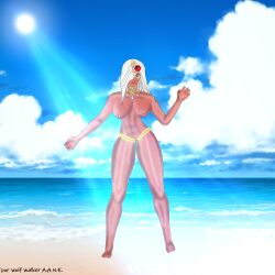 absurdres beach bikini bikini_bottom_only blue_sky breasts brown_hair chains choker female flower gem gold_chain green_eyes highres kawai large_breasts non-web_source original red_flower red_rose rose sky smile smiley_face sweets_lingerie swimsuit tan white_hair