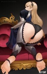 1girls armor ass ass_focus backless_pants bare_thighs barefoot bedroom_eyes black_panties blonde_hair cape clothes_lift corrin_(fire_emblem) corrin_(fire_emblem)_(female) couch feet female female_only fire_emblem fire_emblem_fates foot_focus hairband inner_thighs large_ass lifted_by_self long_hair looking_at_viewer looking_back nextoad nintendo on_couch panties pants pointy_ears presenting presenting_hindquarters red_eyes royalty soles solo stirrup_legwear thighs toeless_legwear underwear