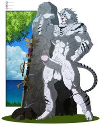 abs anthro balls barefoot biceps black_eyes blush body_hair casual_erection casual_nudity chest_hair deneb_(noble324) detailed_background domestic_cat erection feet felid feline felis final_fantasy final_fantasy_xiv fist flexing flexing_bicep flexing_biceps fur furry genitals hi_res hrothgar humanoid_feet humanoid_genitalia humanoid_penis male male_focus male_only mammal muscular muscular_anthro muscular_male nature navel nipples nude obliques outside pecs penis plant pubes quads rock shark-blade solo solo_focus solo_male square_enix tongue tongue_out tree vein veiny_penis video_games weapon white_balls white_body white_fur