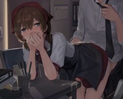 2boys against_table bar_censor bent_over blue_eyes brown_hair censored clothed_sex covering_mouth crossdressing cum cum_while_penetrated doggy_style ejaculation femboy girly hair_between_eyes indoors male male_focus male_only multiple_boys necktie original otoko_no_ko penis shirt short_sleeves solo_focus sunaba_(nczd5875) table trap white_shirt yaoi