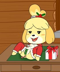 accessory anal anal_sex animal_crossing anthro anus areola ass blush breasts candy candy_cane candy_cane_insertion canid canine canis christmas clothing desk dessert digital_media_(artwork) domestic_dog english_text female female_only food food_fetish food_in_ass food_insertion food_play furniture genitals gift hair hair_accessory headgear hi_res holidays improvised_sex_toy inside isabelle_(animal_crossing) legwear lying mammal navel nintendo nipples on_back open_mouth penetration presenting pussy sex_toy shih_tzu smile solo solo_female spread_legs spreading stockings table takeshi1000 text tongue toy_dog video_games yellow_body