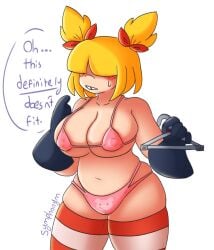 belly big_breasts blinding_bangs blonde_hair blush chubby clothes_hanger earthbound freckles gloves hornynym mother_3 nipple_bulge no_eyes nose original_character overflow pig_panties short_hair shortstack small_panties squeezing striped_legwear sweat talking thigh_squish thighhighs tight_clothing tight_fit tooth_gap twintails underwear