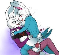 anthro balls bodily_fluids clothed clothing digital_media_(artwork) duo dutch_(fortnite) epic_games erection fortnite fur genital_fluids genitals guggimon hair lagomorph leporid male male/male male_penetrated male_penetrating male_penetrating_male mammal nude peach- penetration penis rabbit sex simple_background smile superplastic tongue video_games white_body