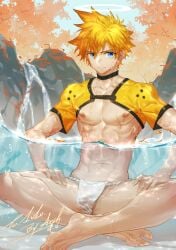 1boy abs arsh autumn blonde_hair blue_eyes collar crossed_legs eye_contact eye_contact_pov fundoshi hand_on_leg lenga_valentine light_skin male male_focus muscles muscular_male nipples outdoors pov revealing_clothes seductive sitting sitting_in_water smile smiling solo_male water