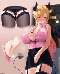 1girls armpits bangs black_legwear black_panties black_shirt black_skirt blonde_hair blush breasts brown_background center_frills cleavage collared_shirt covered_nipples eyebrows_visible_through_hair female female_only frikulu frilled_shirt frills garter_straps gradient_hair green_eyes highres hololive hololive_gen_2 hololive_japan horns huge_breasts lace-trimmed_legwear lace-trimmed_skirt lace_trim long_hair multicolored_hair multiple_views no_bra panties pencil_skirt pink_hair pussy_juice pussy_juice_drip pussy_juice_stain shirt simple_background skirt sleeveless sleeveless_shirt solo stained_panties steam sweat sweat_stain tail thighhighs underwear very_long_hair virtual_youtuber yuzuki_choco