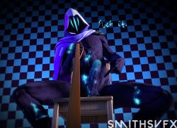 2boys 3d big_penis blue_eyes chair chair_sex checkered_background checkered_wall dark_penis dark_skin demon demon_boy dominant_male domination erect_penis erection gay glowing glowing_eyes glowing_genitalia glowing_markings glowing_penis high_resolution highres hood hooded_cape hooded_capelet leash leash_and_collar male/male male_only monster monster_cock omen_(valorant) partially_clothed perspective pointing pointing_at_penis pov purple_body purple_skin scar scars scars_all_over smithsvfx tagme valorant veiny_penis viewer_on_leash viewer_perspective