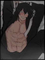 aizawa_shouta artist_request black_hair blushing_at_viewer boku_no_hero_academia eraserhead erection hard_on male_only my_hero_academia on_back open_shirt shouta_aizawa six_pack smirking_at_viewer spread_legs sweating tied_arms viewer_pov