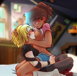 2girls amphibia anne_boonchuy aroused breast_sucking breasts breasts_squeeze closed_eyes disney disney_channel disney_xd enjoying female female_only fully_clothed glowing_hair hair_pin hugging_head interracial multiple_girls pants_open ponytail sasha_waybright saurusrequiem shirt_lift short_pants sitting_on_person straight_hair tomboy yuri