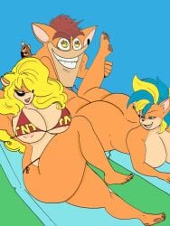 anthro ass beach bikini crash_(series) crash_bandicoot feet furry furry_female furry_male large_breasts micro_bikini nipples pawpads pirate_tawna tawna_bandicoot tawna_bandicoot_(crash_4) themainevent1994 tnt wumpa_fruit