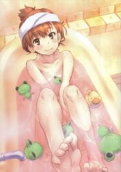 1girls absurdres animal bathtub blush breasts brown_eyes brown_hair completely_nude completely_nude_female eyebrows_visible_through_hair faucet frog from_above gekota hair_between_eyes happy highres huge_filesize looking_at_viewer misaka_mikoto nude nude_female raika9 rubber_duck scan small_breasts solo solo_female teenage_girl teenager to_aru_kagaku_no_railgun to_aru_majutsu_no_index towel towel_on_head water wet young