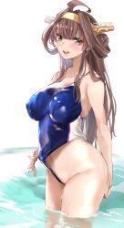 ahoge alternate_costume bangs blush breasts brown_hair clothes_pull competition_swimsuit double_bun female grey_eyes hair_between_eyes headgear highres kantai_collection kongou_(kantai_collection) large_breasts long_hair looking_at_viewer one-piece_swimsuit parted_lips sidelocks simple_background solo swimsuit swimsuit_pull tororo_ten wading water wet white_background