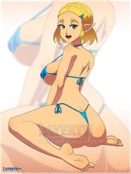 1girls ass blonde_hair breath_of_the_wild bubble_butt green_eyes hylian hylian_ears kneeling layerth looking_at_viewer looking_back nintendo pointy_ears princess_zelda tears_of_the_kingdom the_legend_of_zelda thong zelda_(tears_of_the_kingdom)