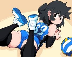 ass black_eyes black_hair buruma looking_at_viewer looking_back lucia_(scott_malin) lying on_stomach painted_nails scott_malin skindentation sneakers tagme the_panty_bear thick_thighs thighhighs thighs tomboy volleyball volleyball_uniform