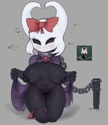 accessory big_breasts blush bound breasts chain_leash chains clothing collar fan_character female hair_accessory hair_ribbon hairbow hi_res hollow_knight kneeling leash panties panties_around_one_leg ribbons underwear underwear_around_one_leg unyin vessel_(species)