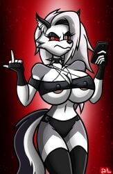 annoyed_expression belly_button big_breasts dark-lamprey gloves grey_fur helluva_boss legwear loona_(helluva_boss) middle_finger nipple_bulge nipple_outline nipples_visible_through_clothing red_sclera spiked_collar tagme thighhighs white_eyes white_fur white_hair wolf_girl