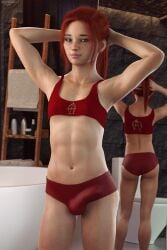 3d abs androgynous armpits blue_eyes bulge crop_top femboy ginger jessie_(skykliker) muscles original panties penis piercing ponytail red_hair render skykliker solo topwear trap