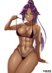 1girls abs artist_name bikini bleach breasts collarbone commentary_request dark-skinned_female dark_skin female highres large_breasts long_hair looking_at_viewer masamune_oekaki muscular muscular_female navel parted_lips ponytail purple_hair shihouin_yoruichi simple_background sitting solo string_bikini swimsuit teeth watermark white_background