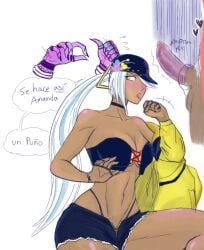 blowjob_gesture dark-skinned_female dark_skin female isla_(kof) king_of_fighters lasupay3 spanish_text text_bubble white_hair younger_female