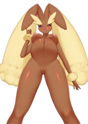 absurd_res anthro breasts brown_body cauguy female genitals hi_res lopunny mammal navel nintendo nipples pink_nipples pokémon_(species) pokemon pokemon_(species) pregnant pussy simple_background solo video_games