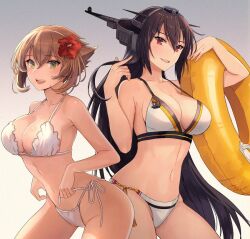 2girls adapted_costume alternate_costume bare_arms bare_shoulders bikini black_hair blush breasts brown_hair cleavage collarbone eyebrows_visible_through_hair flower gradient gradient_background green_eyes hair_between_eyes hair_flower hair_ornament headgear innertube kantai_collection kasumi_(skchkko) large_breasts long_hair looking_at_viewer multiple_girls mutsu_(kantai_collection) nagato_(kantai_collection) navel open_mouth red_eyes red_flower short_hair side-tie_bikini simple_background sky smile swimsuit tassel white_bikini