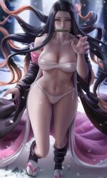 1girls aged_up bandeau big_breasts breasts brown_hair cleavage clothing demon_slayer female female_only full_body gag hair_ribbon haori hi_res hourglass_figure kamado_nezuko kimetsu_no_yaiba kimono long_hair looking_at_viewer matching_underwear open_kimono panties pink_eyes pink_nails realistic sarashi sharp_fingernails side-tie_panties solo standing tabi thick_thighs two_tone_hair very_high_resolution very_long_hair white_bra white_panties wickellia wide_hips