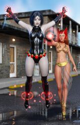 2girls 3d abs armpits athletic athletic_female avengers belt big_breasts black_hair bondage brown_hair crossover dc dc_comics female female_only fingerless_gloves fit_female forehead_jewel glowing_eyes grey-skinned_female grey_skin harem_girl harem_outfit human hypnosis knee_boots large_breasts leotard light-skinned_female light_skin loincloth long_hair magic magic_bondage marvel marvel_comics medium_hair mind_control nipples rachel_roth raven_(dc) scarlet_witch slave slave_bikini slave_collar slave_outfit slavegirl superheroine teen_titans tiangtam tight_clothing voluptuous wanda_maximoff x-men