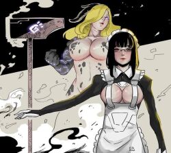 2girls black_hair blonde_hair feet_together glasses kapitan_gege large_breasts long_hair maid muscular_female original