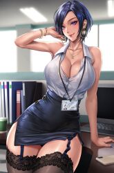 1girls 2022 arm_up armpits black_hair blue_nails blush breasts cleavage ear_piercing female female_only full_cleavage garter_straps half-closed_eyes hi_res hips huge_breasts indoors leaning_on_object looking_at_viewer miniskirt nail_polish name_tag naughty_face office_lady original original_character pencil_skirt purple_eyes sadakage secretary seductive seductive_look seductive_smile short_hair short_skirt skirt sleeveless slim_waist smile smirk suggestive_look thick_thighs thighhighs thighs tight_clothing tight_fit very_high_resolution white_shirt wide_hips