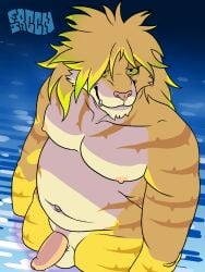 3:4 anthro balls belly erection felid ftrccn fur genitals green_eyes hi_res lifewonders macan_(tokyo_afterschool_summoners) magan male male_only mammal musclegut navel nipples nude pantherine partially_submerged pecs penis solo striped_body striped_fur stripes tiger tokyo_afterschool_summoners video_games yellow_body yellow_fur