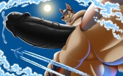 2022 aircraft airplane anthro balls big_breasts bodily_fluids breasts canid canine canis cloud coyote cum digital_media_(artwork) fur furrypur genital_fluids genitals hi_res huge_breasts looking_down low-angle_view macro male mammal penis sky solo solo_male sun teeth vein veiny_penis ych_result