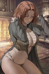 1girls 2022 artist_signature breasts brown_hair cleavage cloak clothed clothed_female elden_ring female female_only fromsoftware hi_res hips huge_breasts indoors melina_(elden_ring) one_eye_closed shexyo slim_waist thick_thighs thighs wide_hips