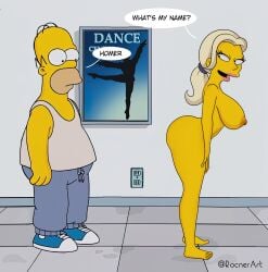 1boy 1girls ass athletic_female big_ass breasts clothed_male_nude_female dialogue fit_female homer_simpson julia nude nude_female rocner the_simpsons thick_thighs